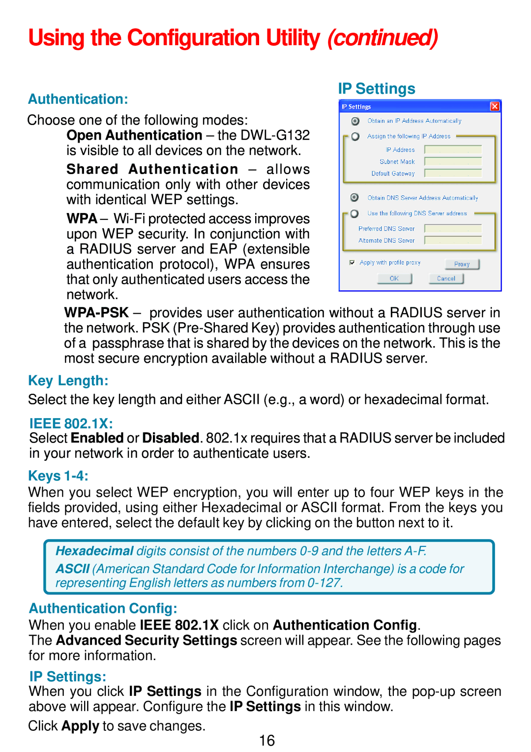 D-Link DWL-G132 manual IP Settings 