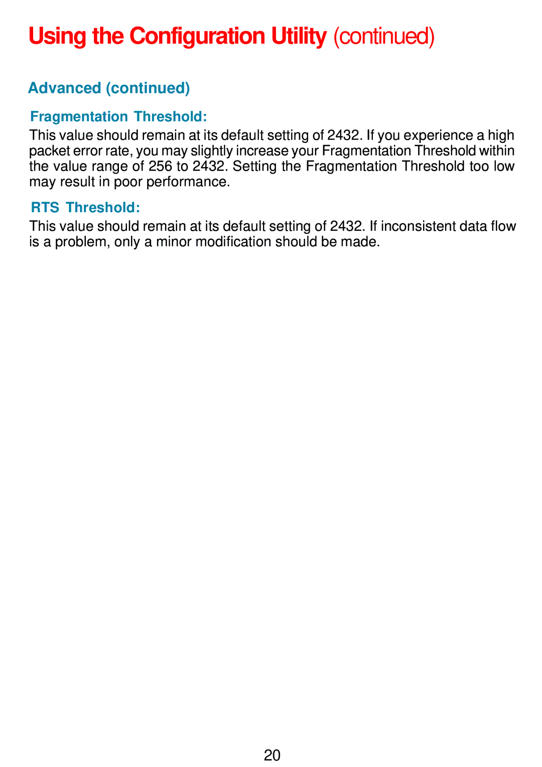 D-Link DWL-G132 manual Fragmentation Threshold, RTS Threshold 