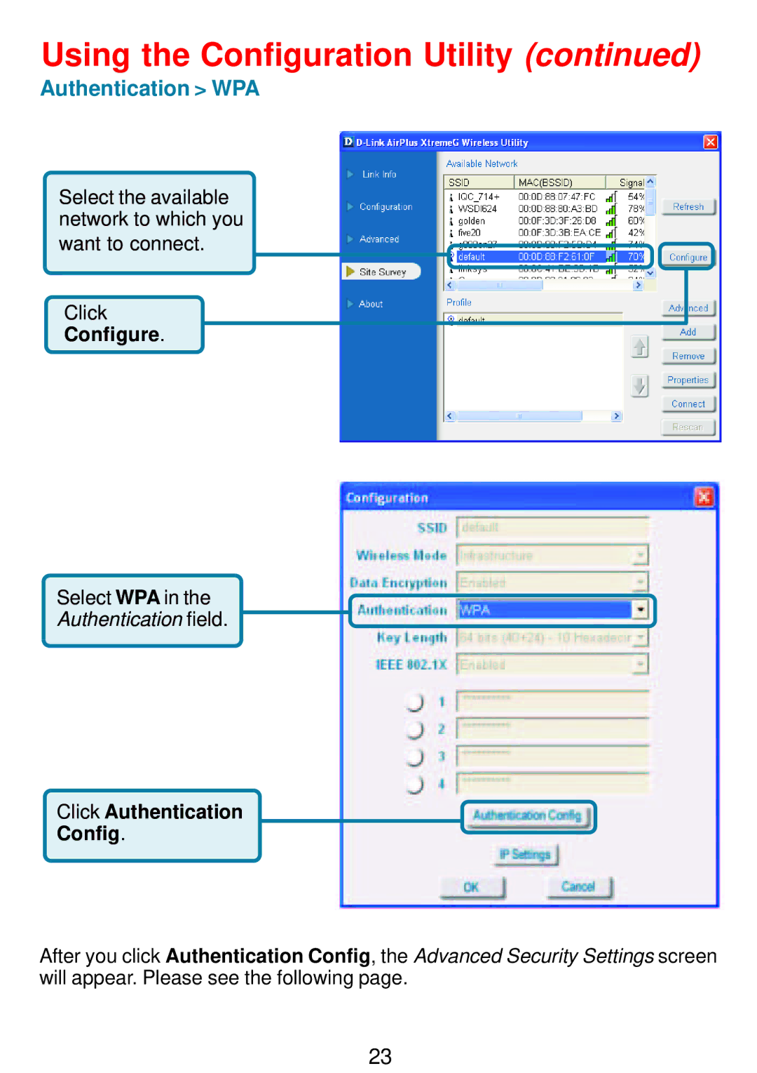 D-Link DWL-G132 manual Authentication WPA, Configure, Click Authentication Config 