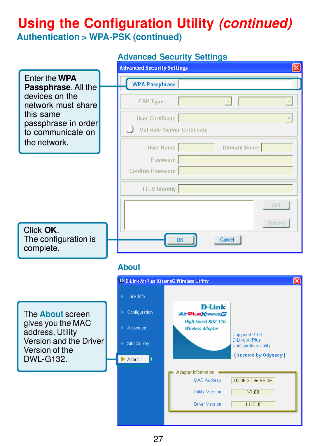 D-Link DWL-G132 manual Advanced Security Settings, About 