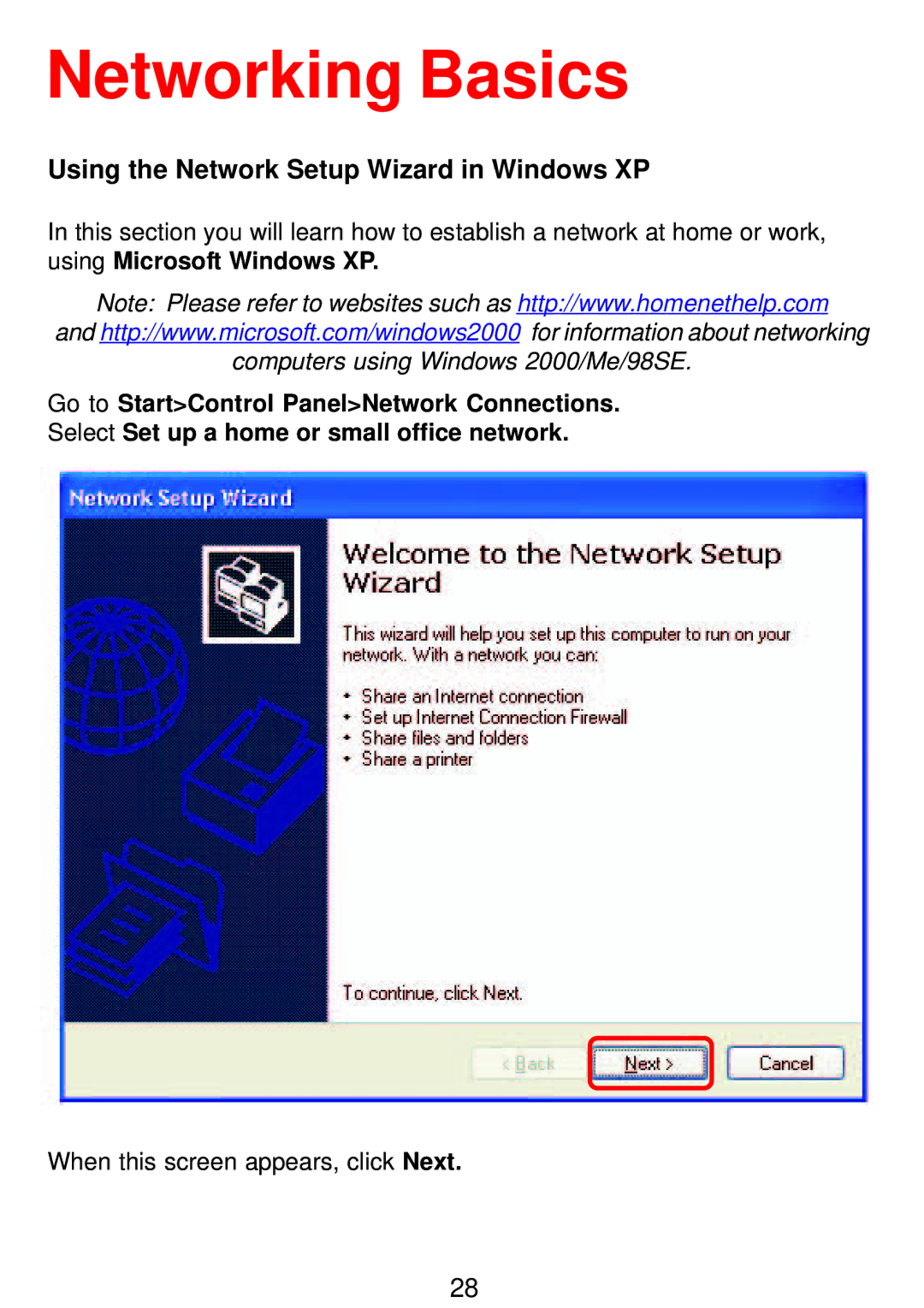 D-Link DWL-G132 manual Networking Basics, Using the Network Setup Wizard in Windows XP 