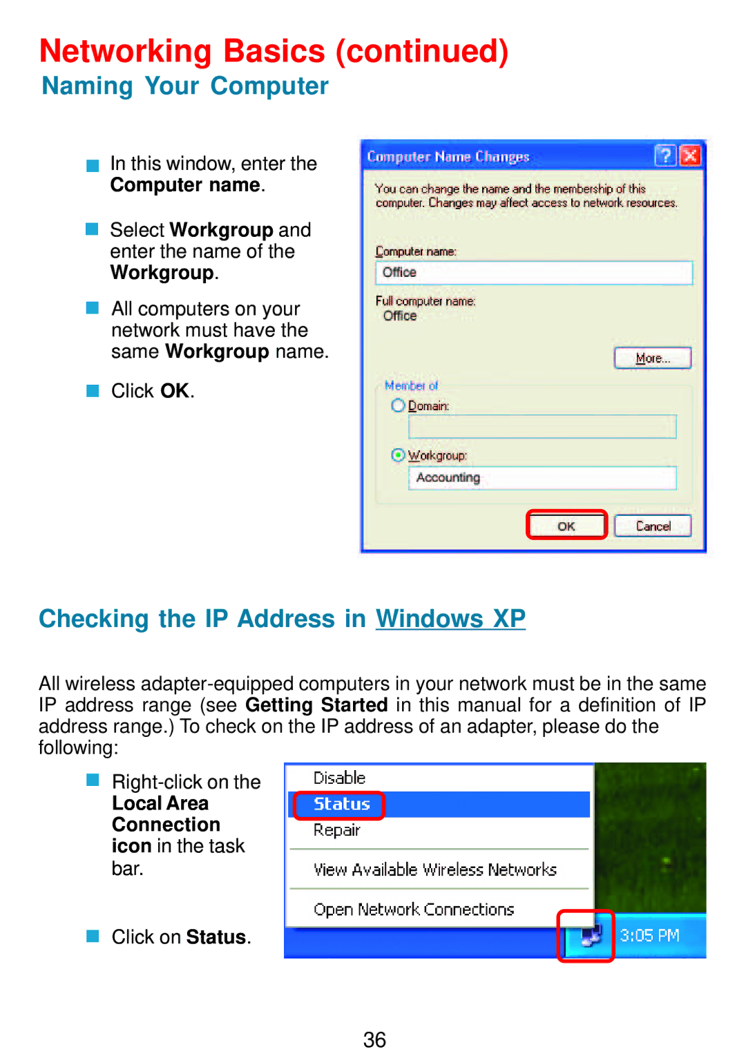 D-Link DWL-G132 manual Checking the IP Address in Windows XP, Local Area Connection icon in the task bar 