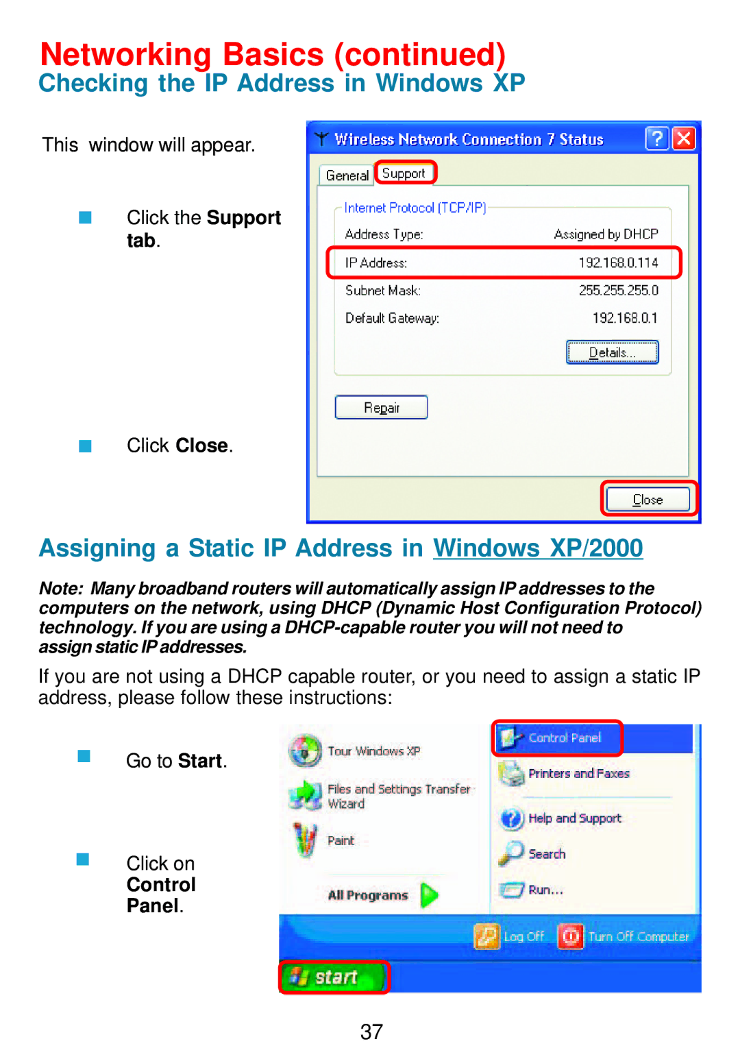 D-Link DWL-G132 manual Assigning a Static IP Address in Windows XP/2000, Control Panel 