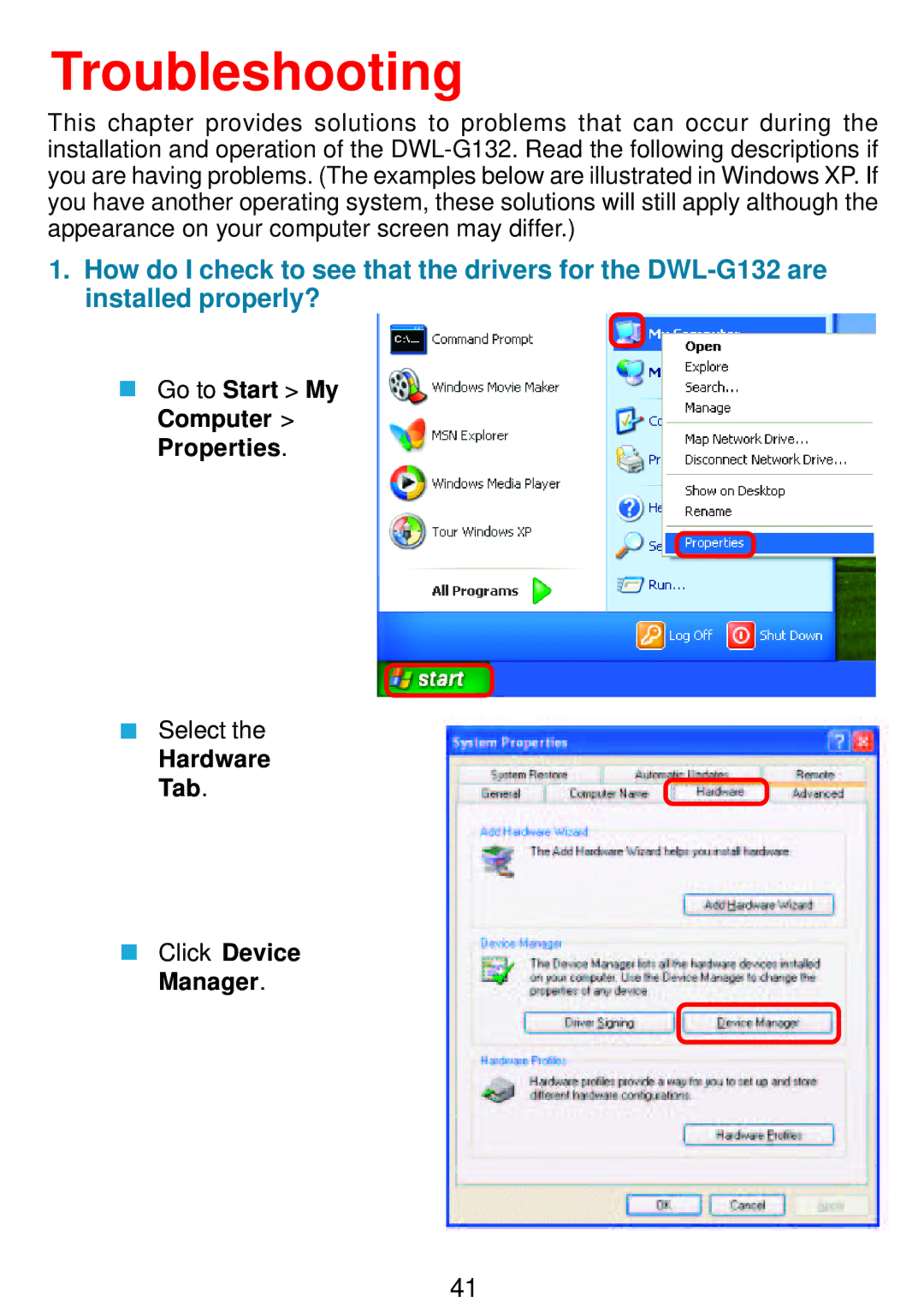 D-Link DWL-G132 manual Go to Start My Computer Properties, Hardware Tab Click Device Manager 