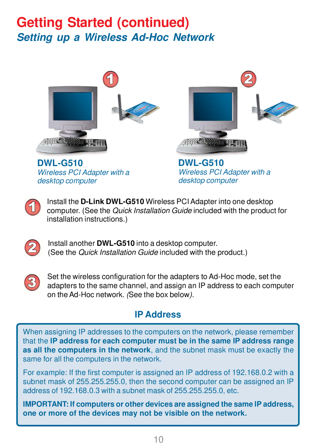 D-Link DWL-G510 manual Setting up a Wireless Ad-Hoc Network, IP Address 