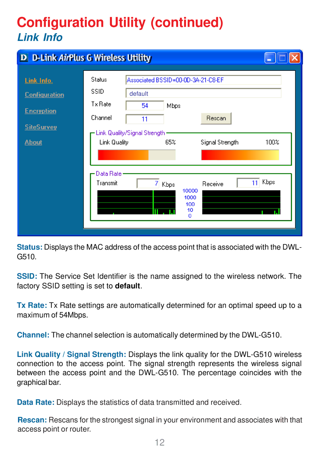 D-Link DWL-G510 manual Configuration Utility, Link Info 