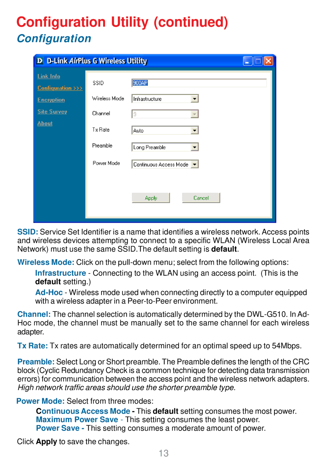 D-Link DWL-G510 manual Configuration 