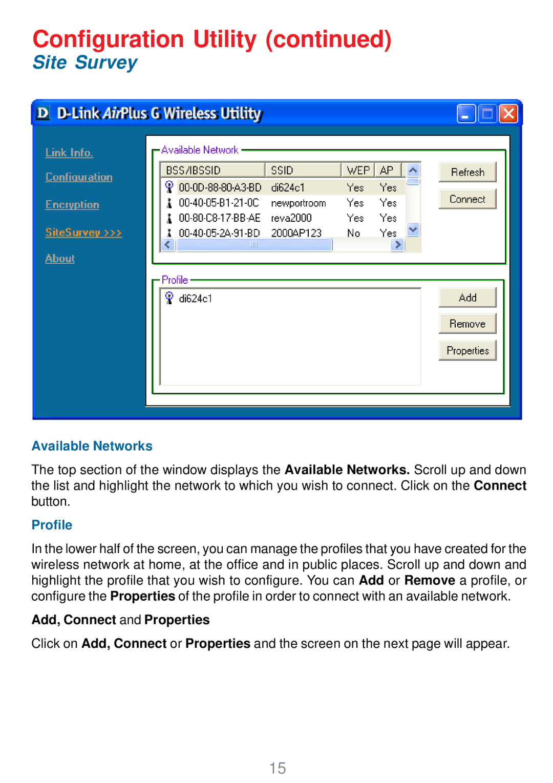 D-Link DWL-G510 manual Site Survey, Add, Connect and Properties 