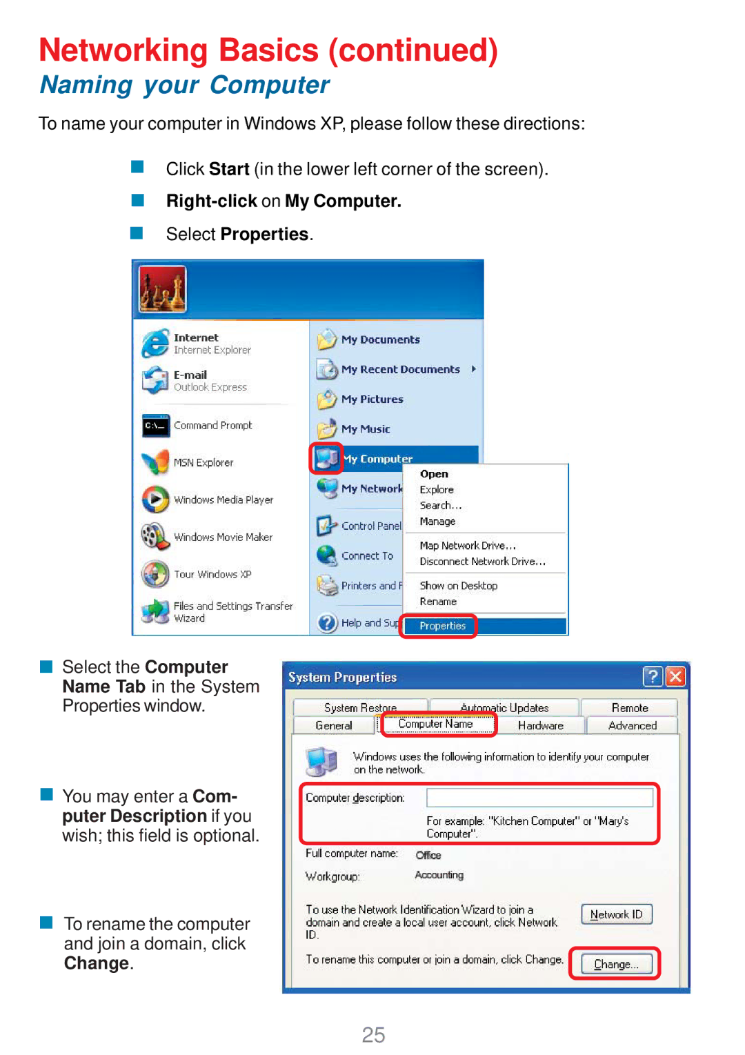 D-Link DWL-G510 manual Naming your Computer, Right-click on My Computer Select Properties 