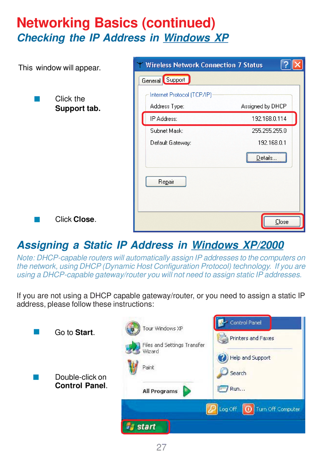 D-Link DWL-G510 manual Assigning a Static IP Address in Windows XP/2000, Support tab 