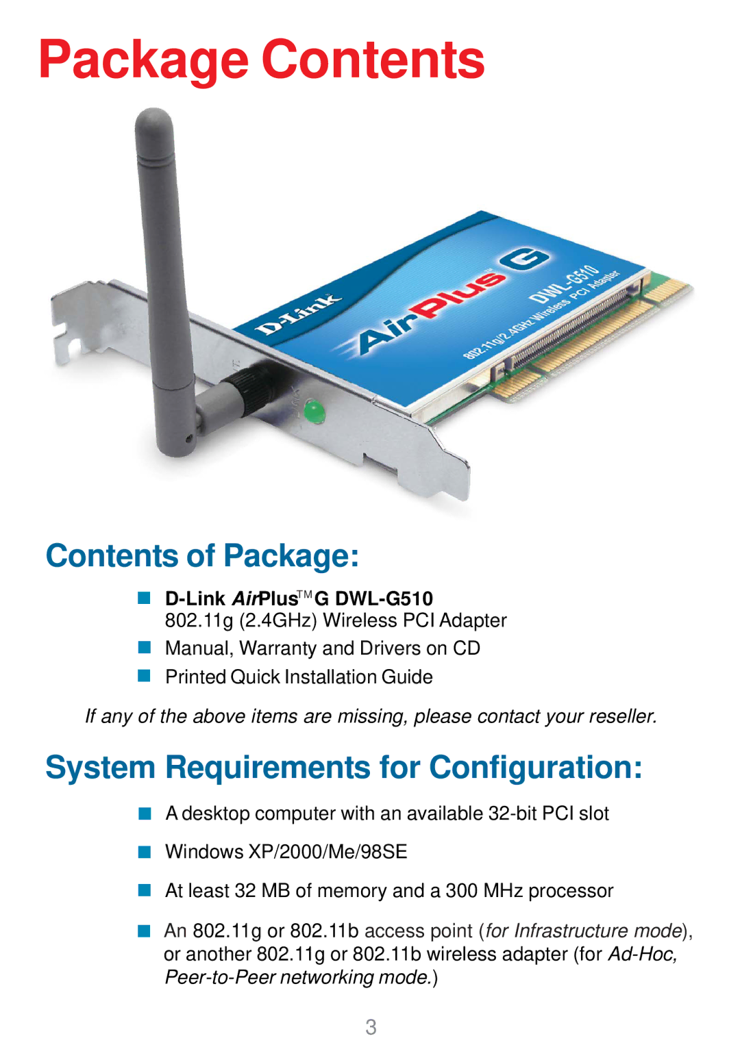 D-Link DWL-G510 manual Package Contents 