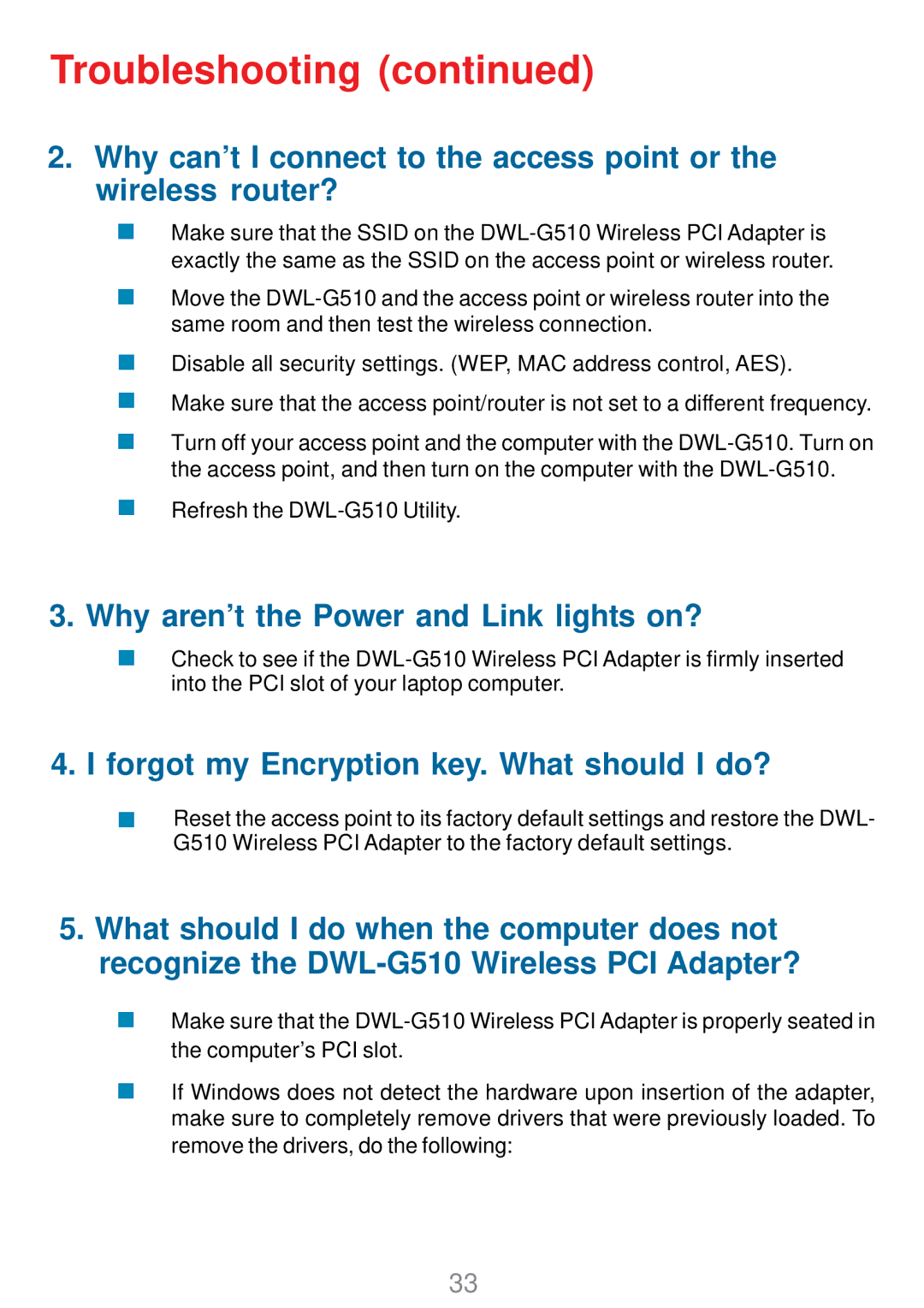 D-Link DWL-G510 manual Why aren’t the Power and Link lights on? 