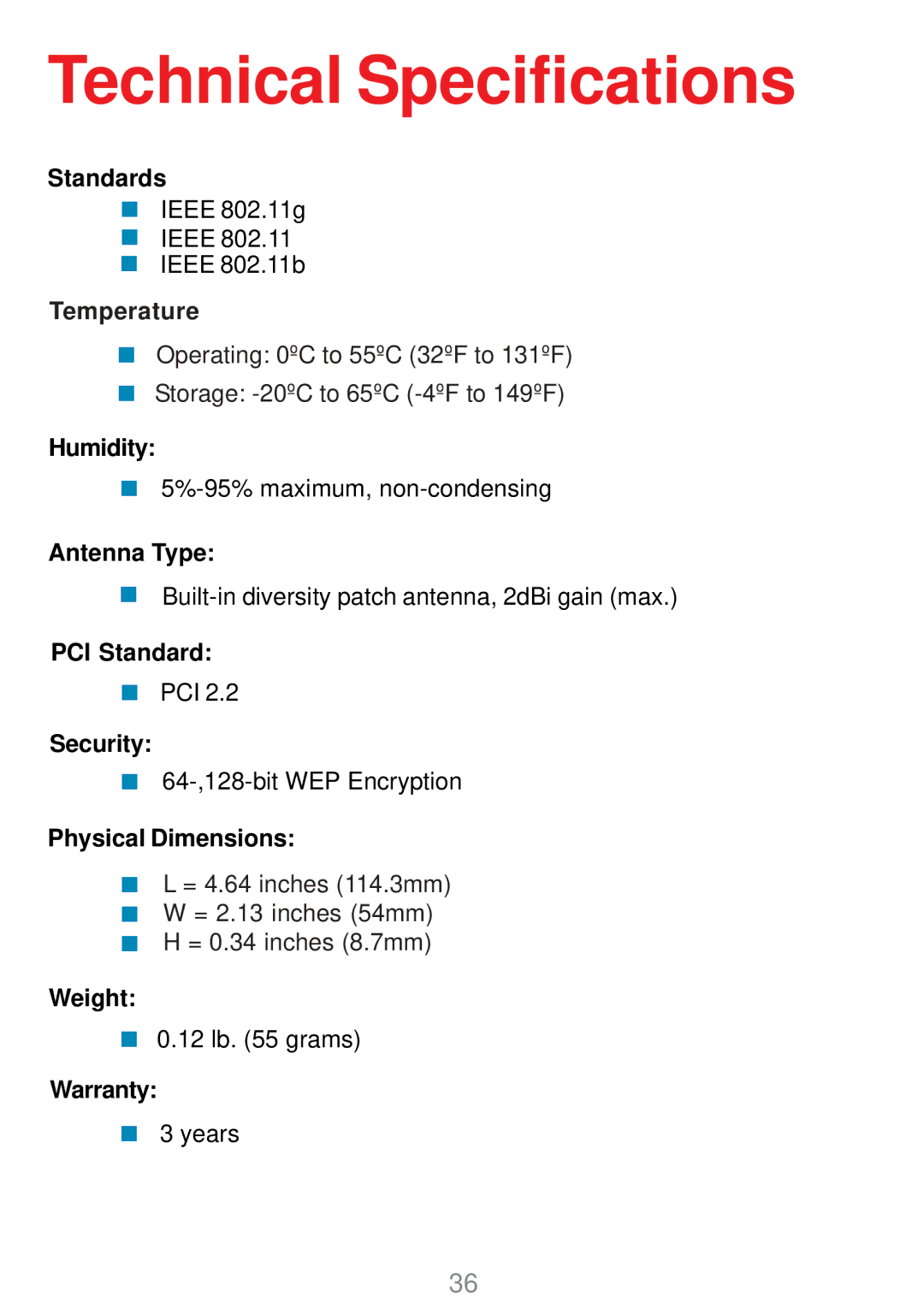 D-Link DWL-G510 manual Technical Specifications, Temperature 