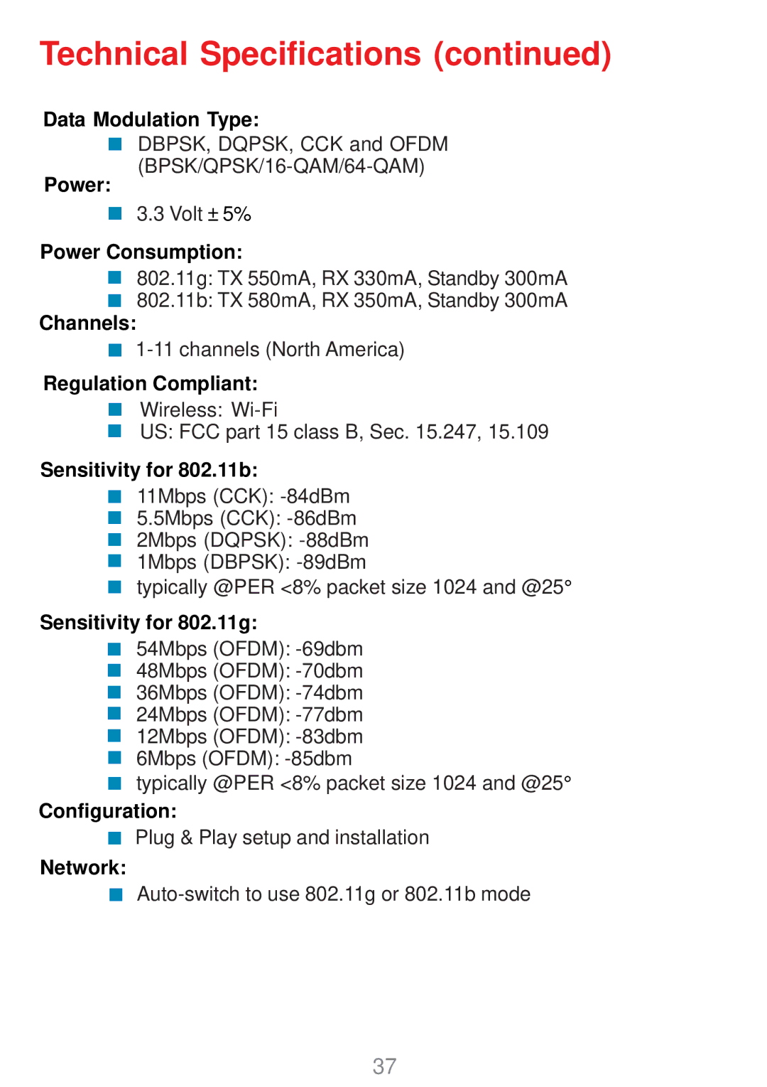 D-Link DWL-G510 manual Technical Specifications, Sensitivity for 802.11b 