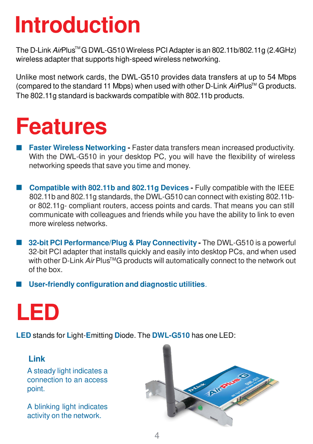 D-Link DWL-G510 manual Introduction, Features 