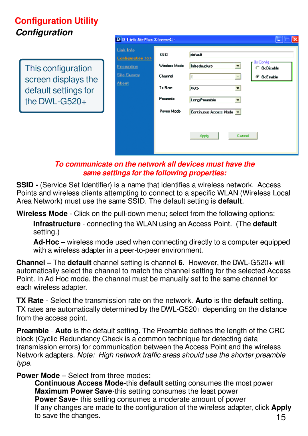 D-Link DWL-G520+ manual Configuration 