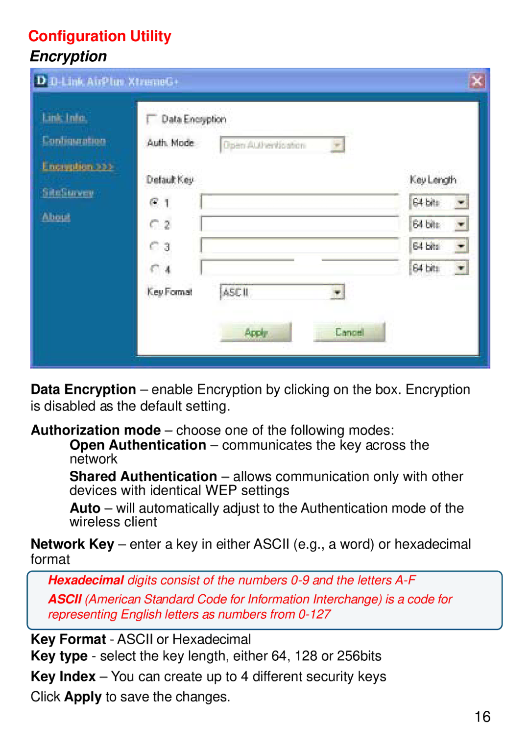 D-Link DWL-G520+ manual Encryption 