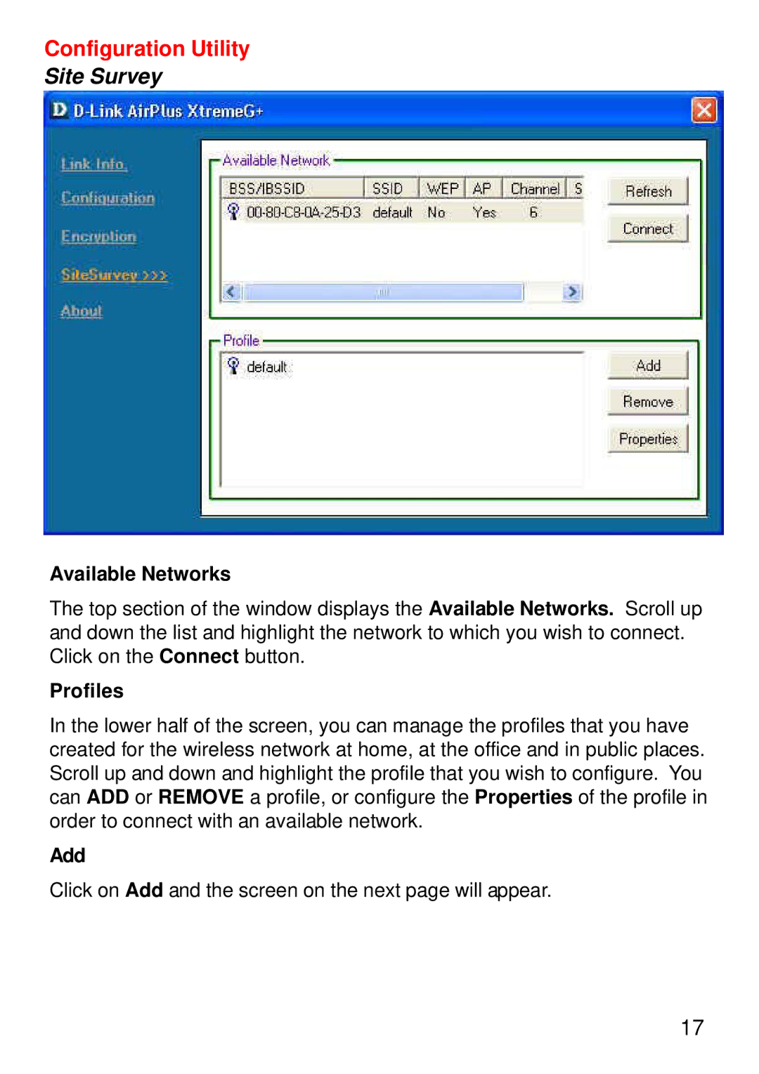 D-Link DWL-G520+ manual Site Survey, Available Networks, Profiles, Add 