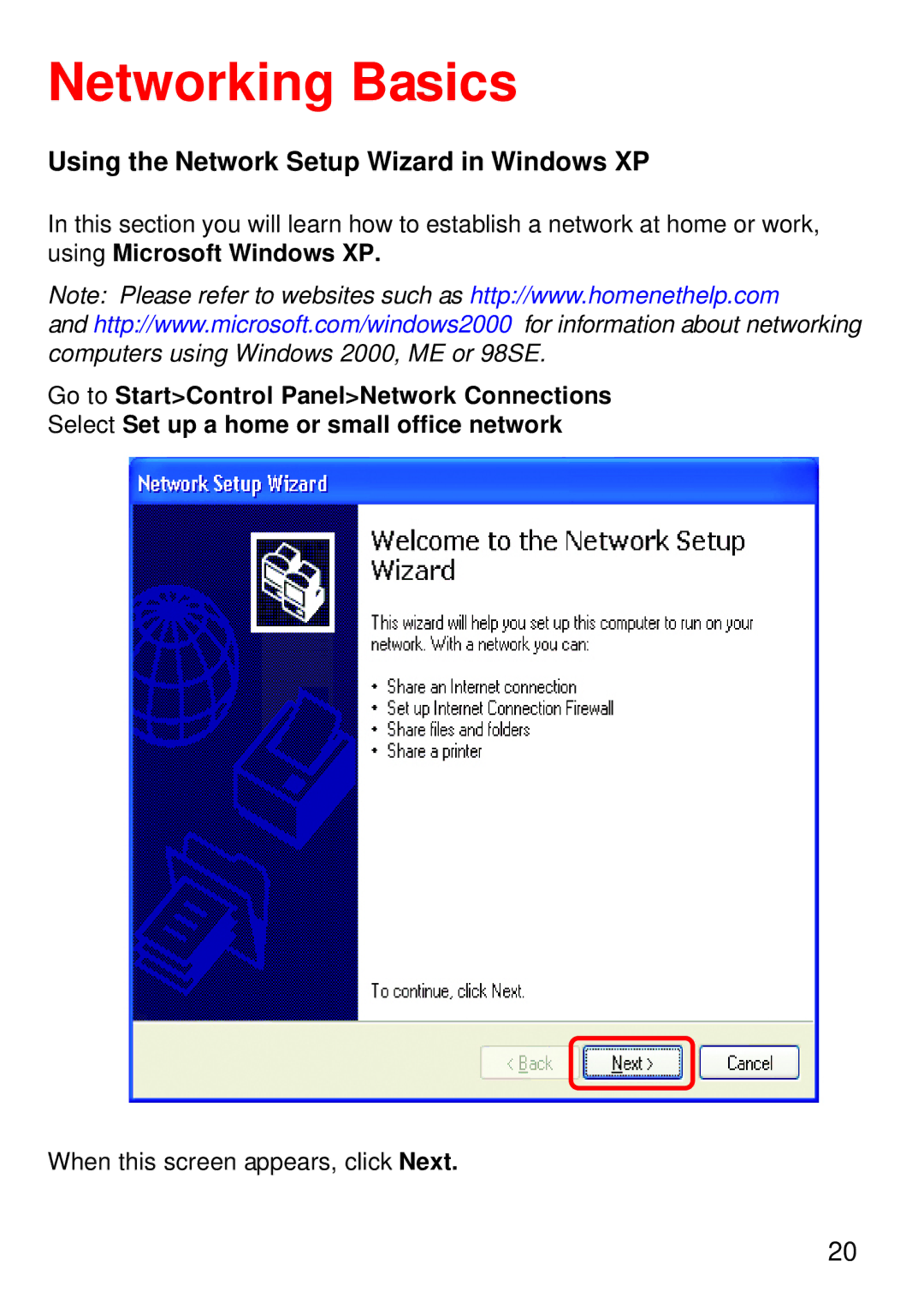 D-Link DWL-G520+ manual Networking Basics, Using the Network Setup Wizard in Windows XP 