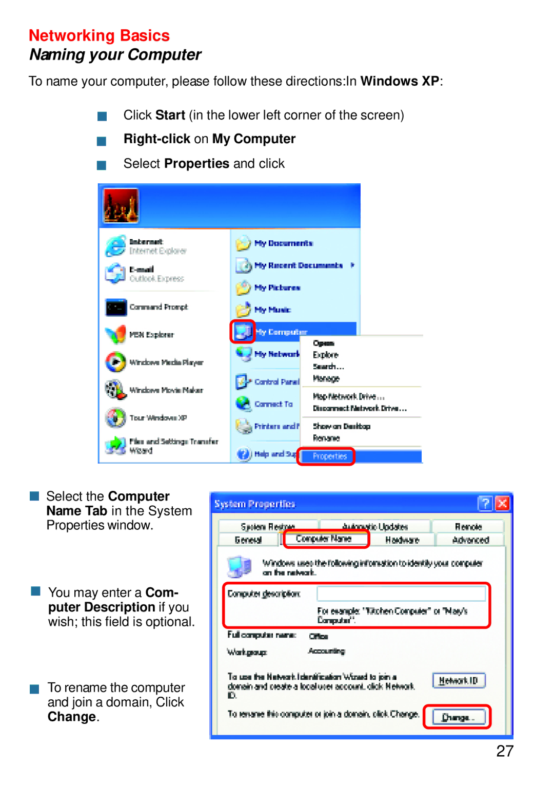 D-Link DWL-G520+ manual Naming your Computer, „ Right-click on My Computer 