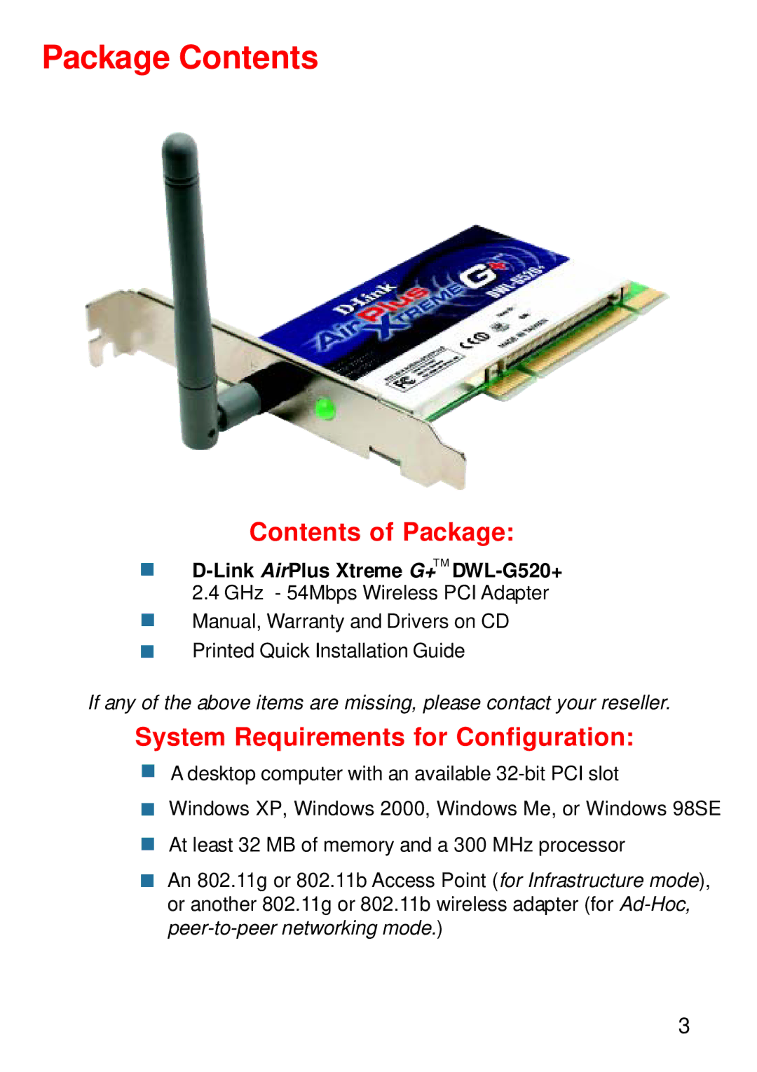 D-Link DWL-G520+ manual Package Contents 