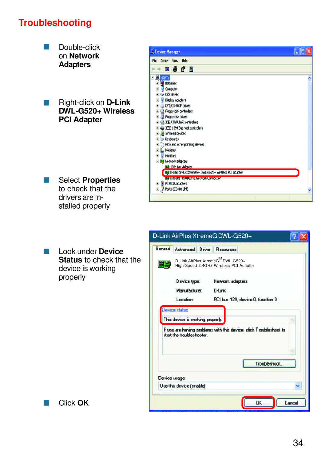 D-Link DWL-G520+ manual Troubleshooting 