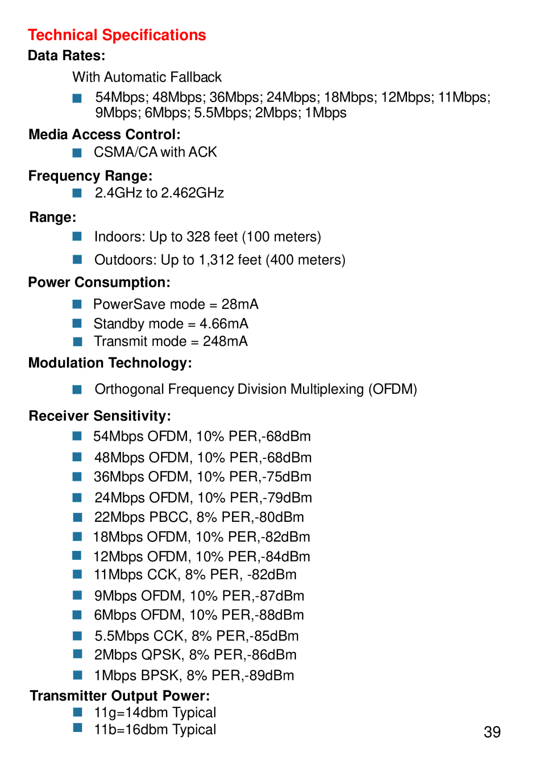 D-Link DWL-G520+ manual Data Rates, Media Access Control, Frequency Range, Power Consumption, Modulation Technology 