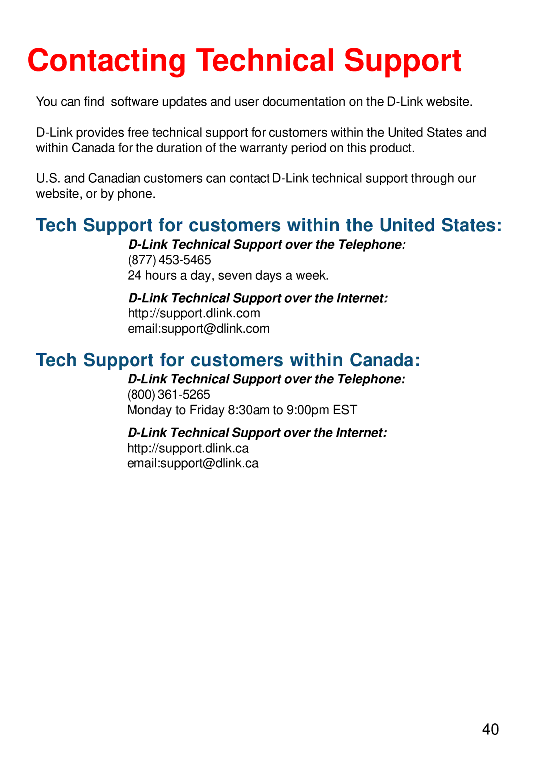 D-Link DWL-G520+ manual Contacting Technical Support, Tech Support for customers within Canada 