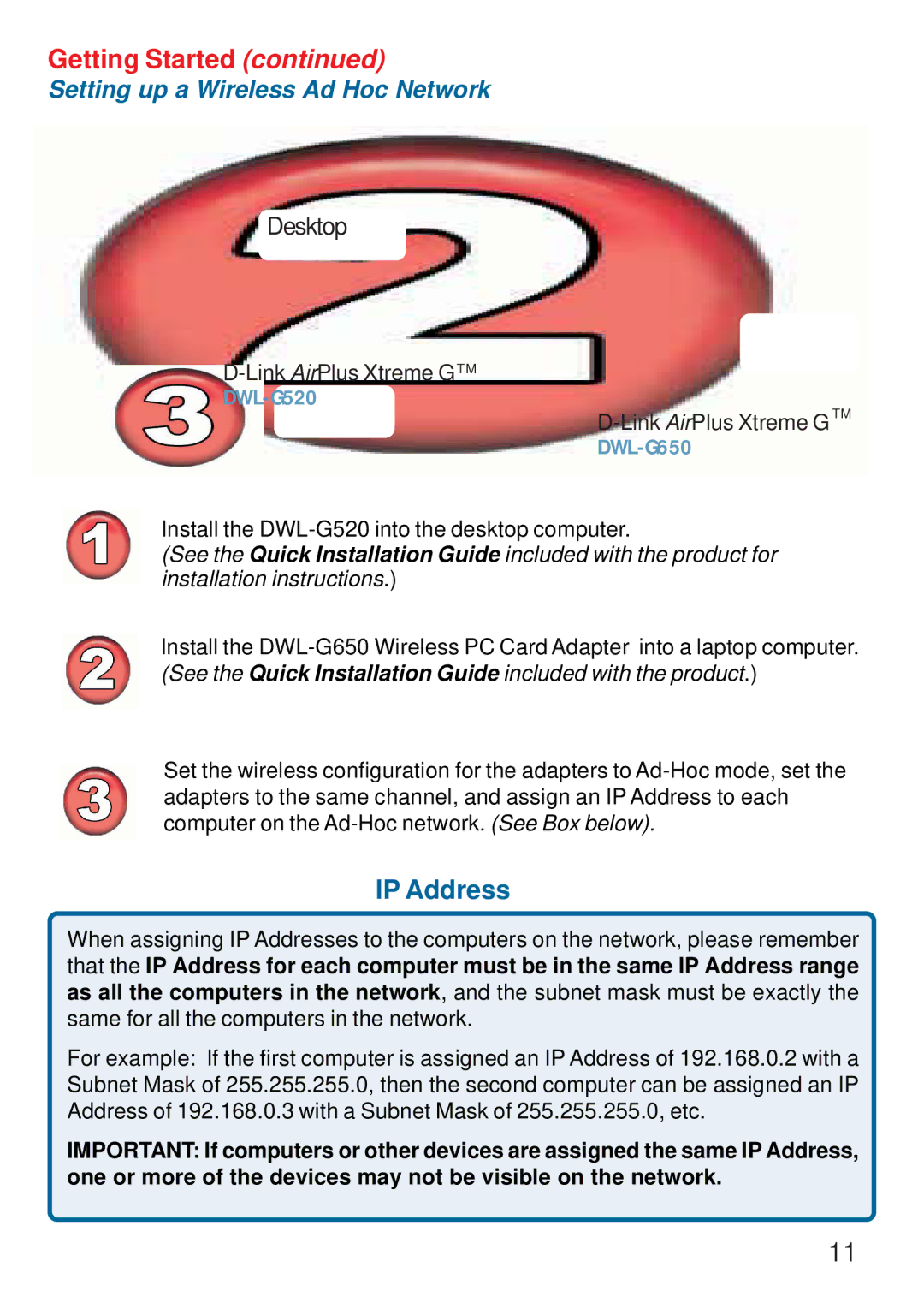 D-Link DWL-G520 manual IP Address, Setting up a Wireless Ad Hoc Network 