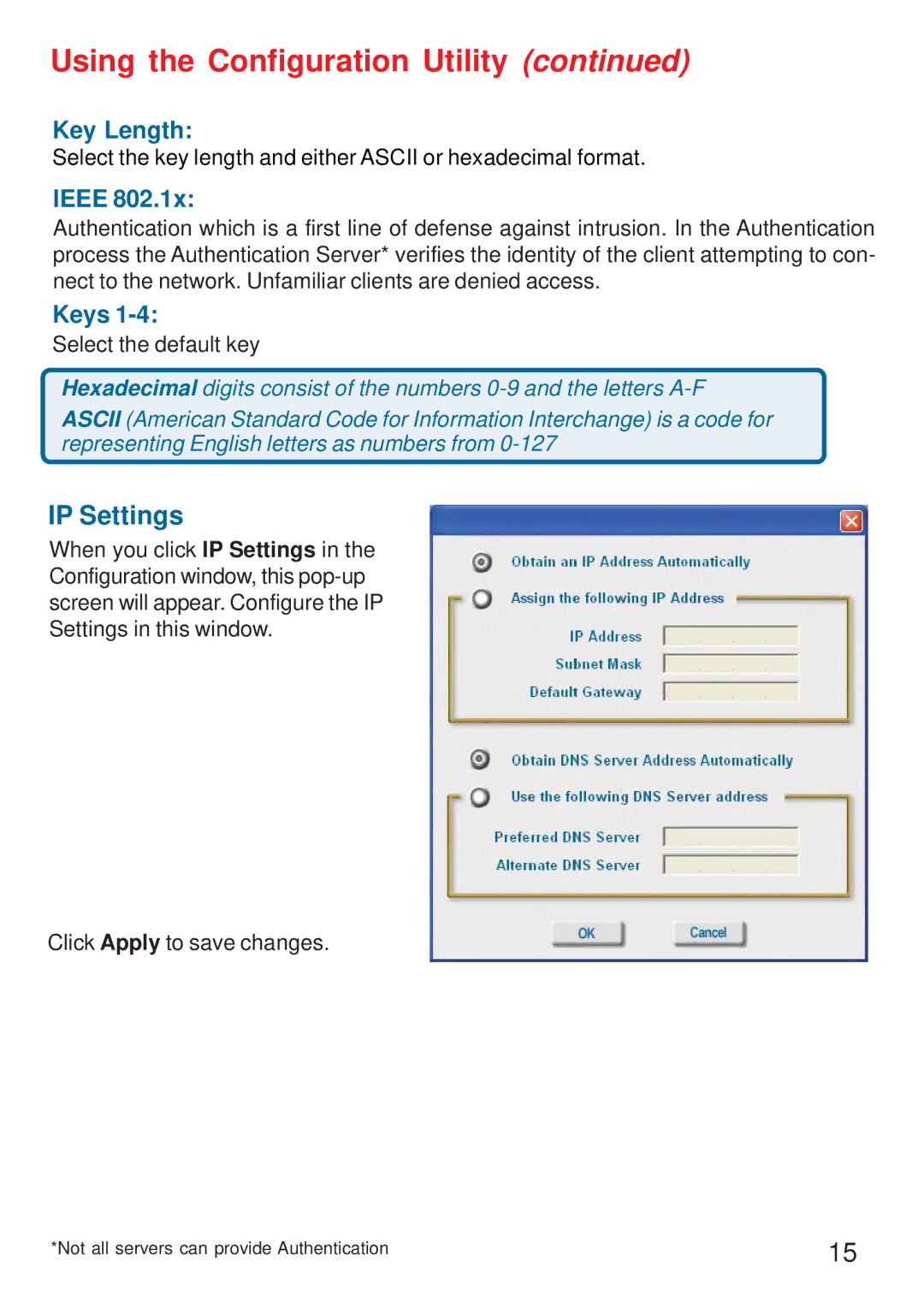 D-Link DWL-G520 manual IP Settings, Key Length, Ieee, Keys 