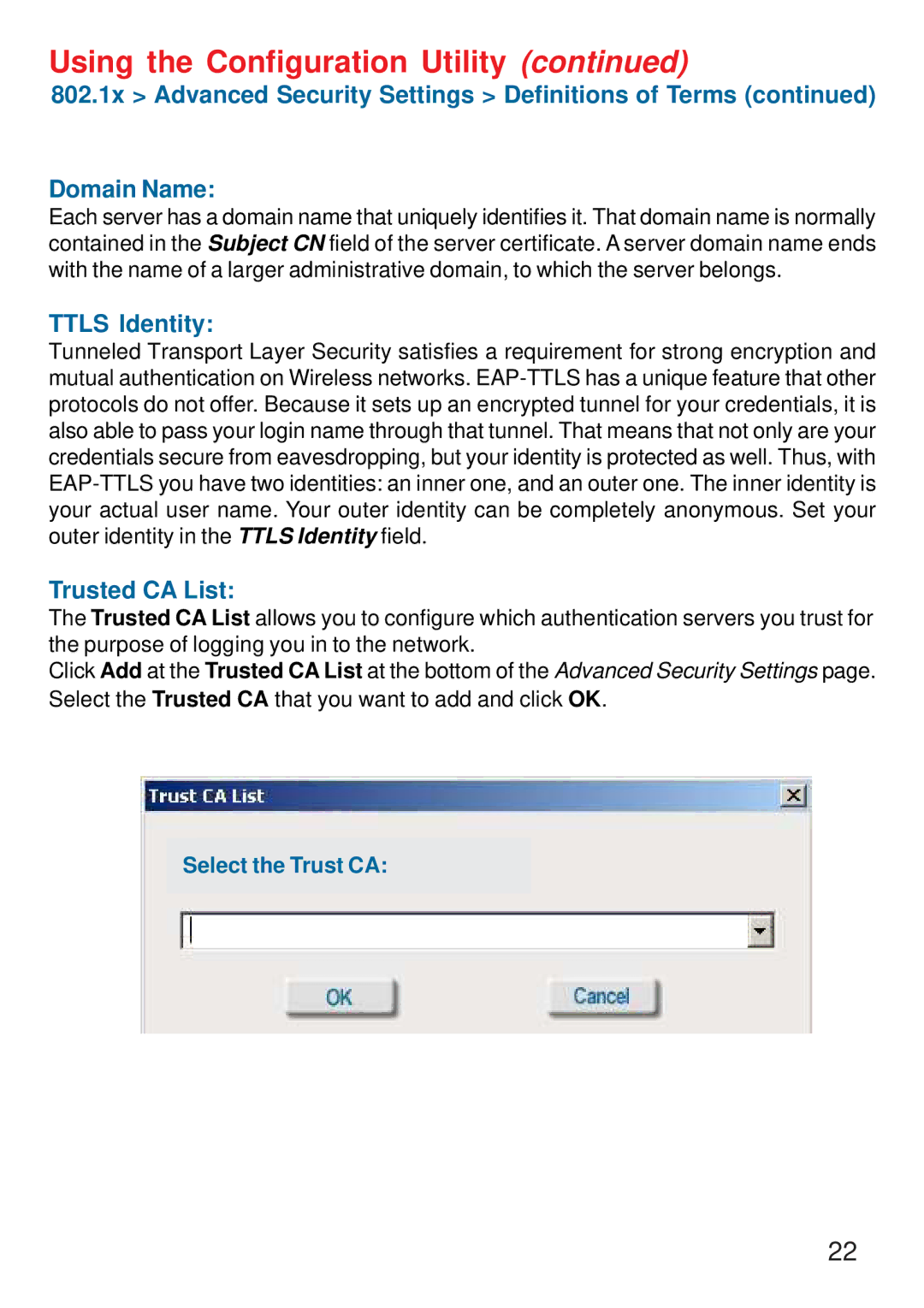 D-Link DWL-G520 manual Ttls Identity, Trusted CA List 