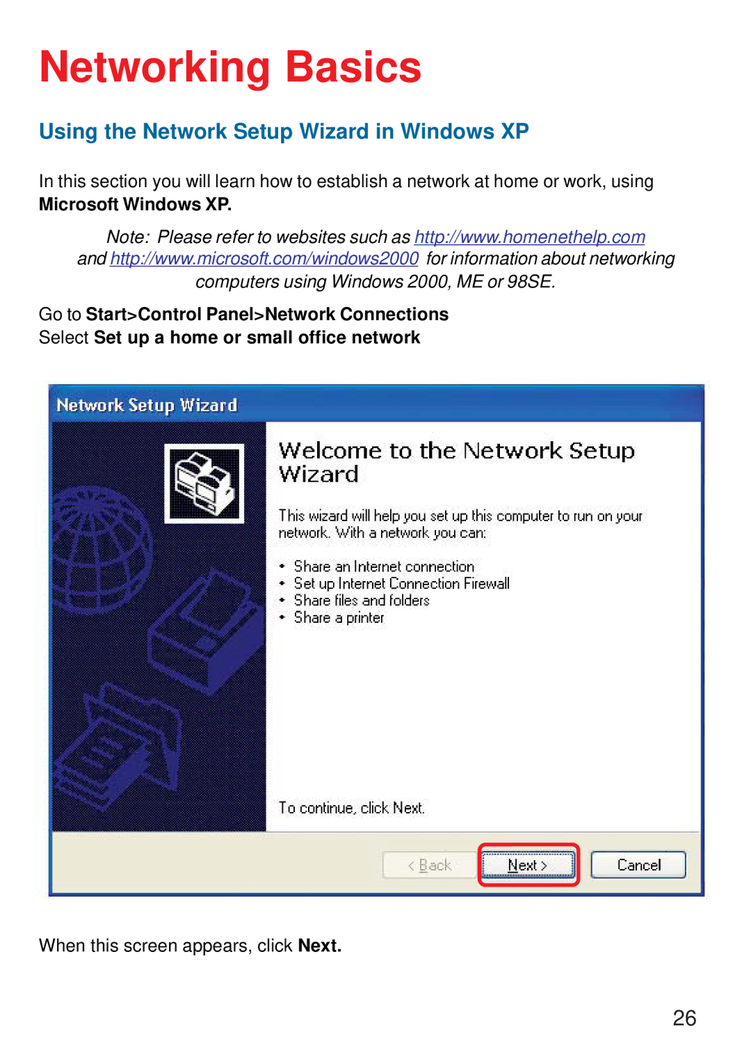 D-Link DWL-G520 manual Networking Basics, Using the Network Setup Wizard in Windows XP 