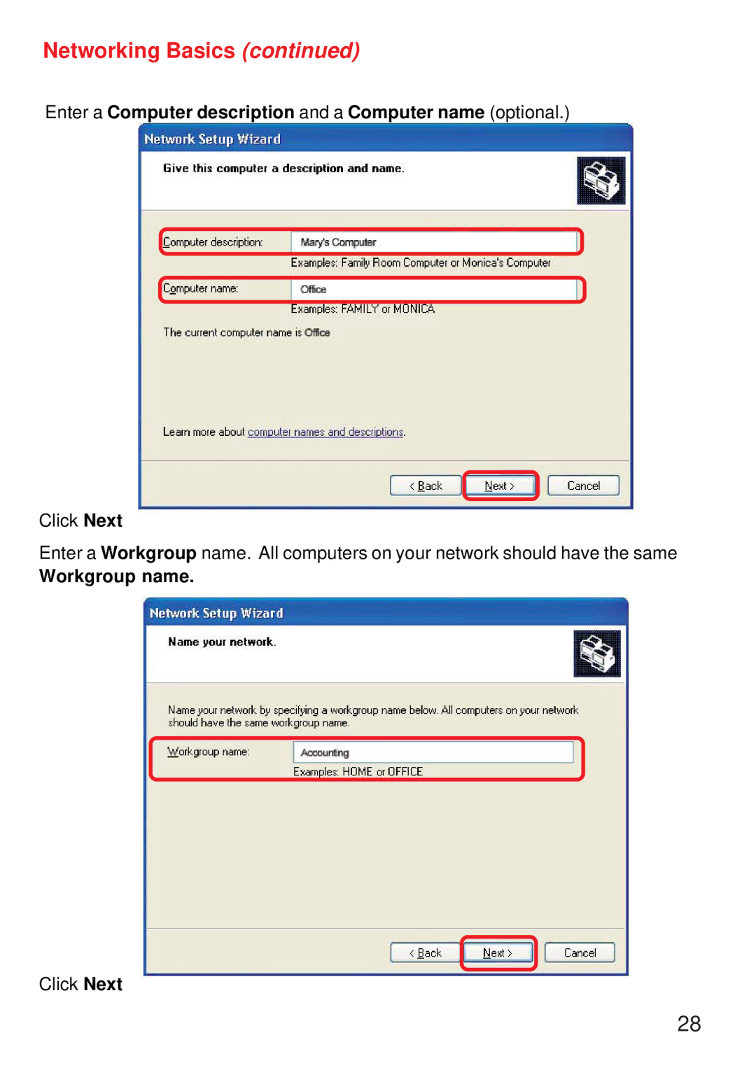 D-Link DWL-G520 manual Enter a Computer description and a Computer name optional 