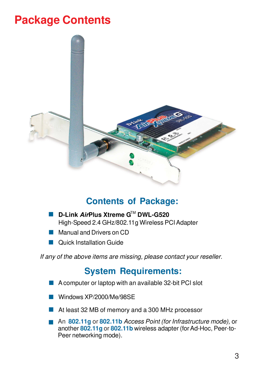 D-Link DWL-G520 manual Package Contents 