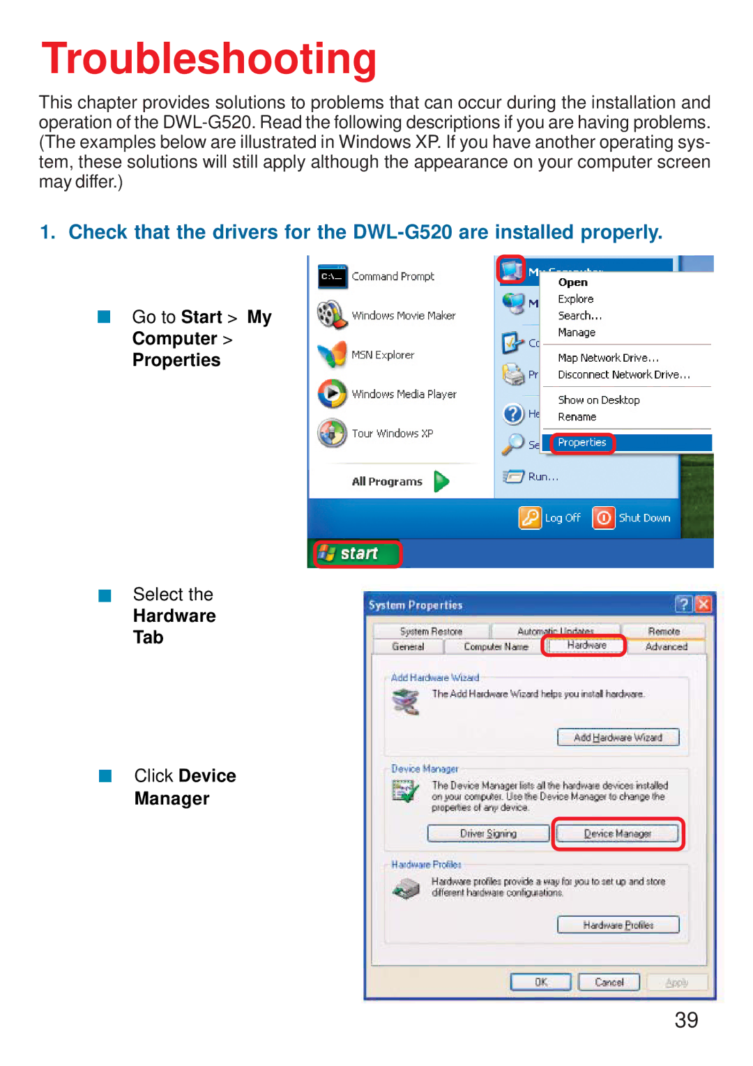 D-Link DWL-G520 manual Troubleshooting 