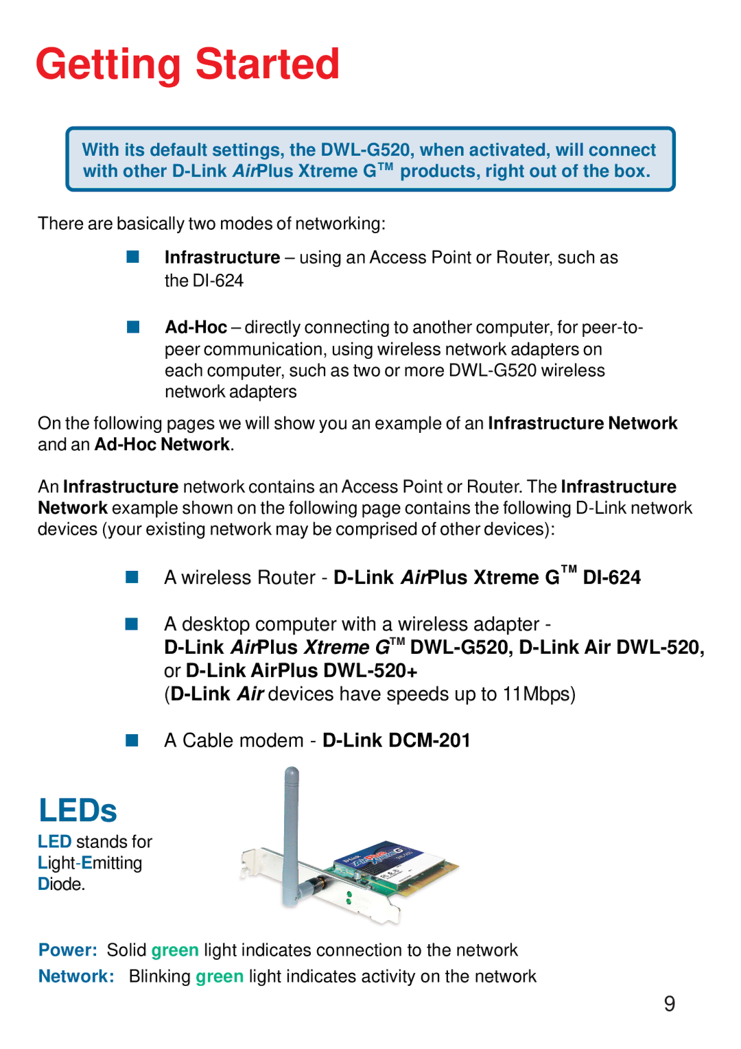 D-Link DWL-G520 manual Getting Started, LEDs 