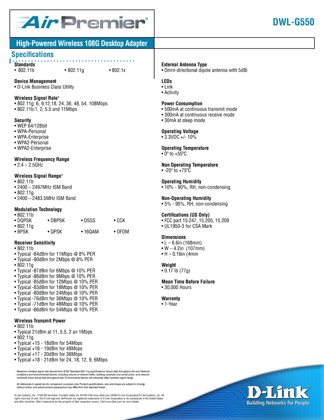 D-Link DWL-G550 Standards External Antenna Type, Device Management LEDs, Wireless Signal Rate1, Power Consumption, Weight 