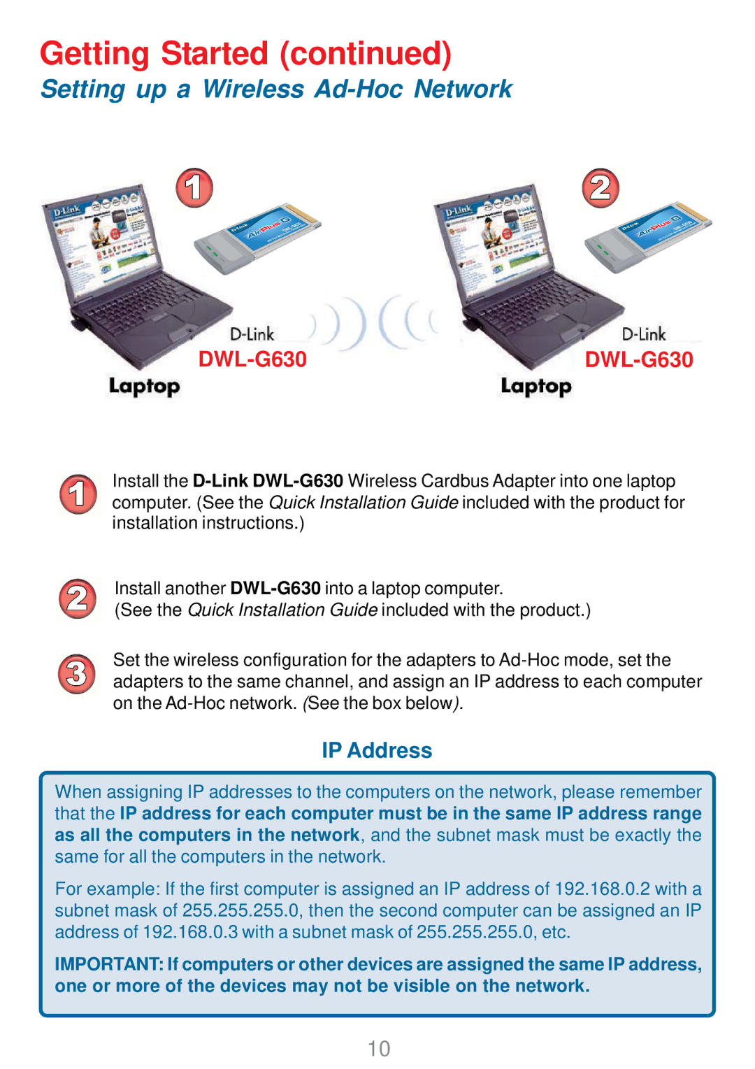 D-Link DWL-G630 manual Setting up a Wireless Ad-Hoc Network 