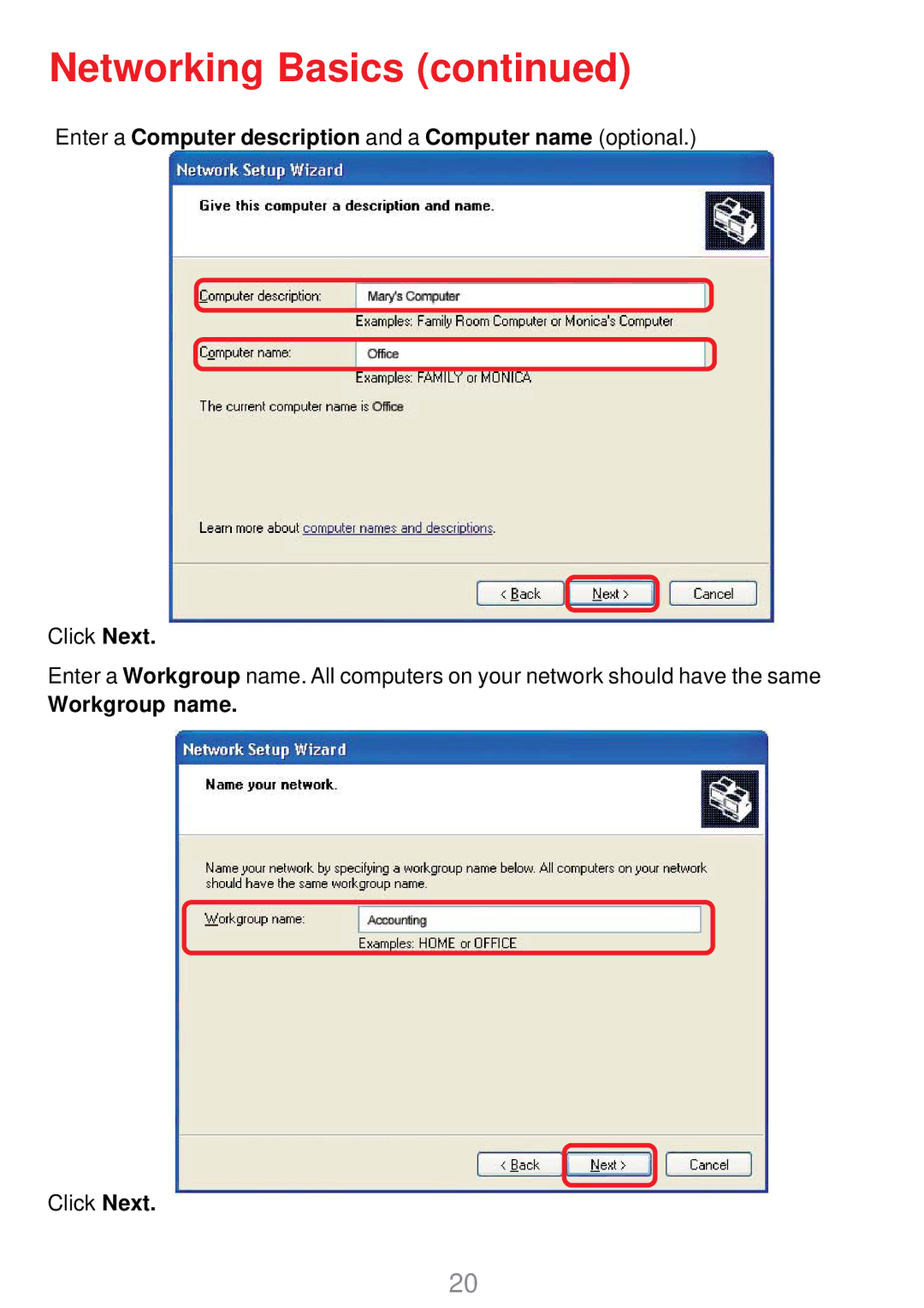 D-Link DWL-G630 manual Enter a Computer description and a Computer name optional, Workgroup name 