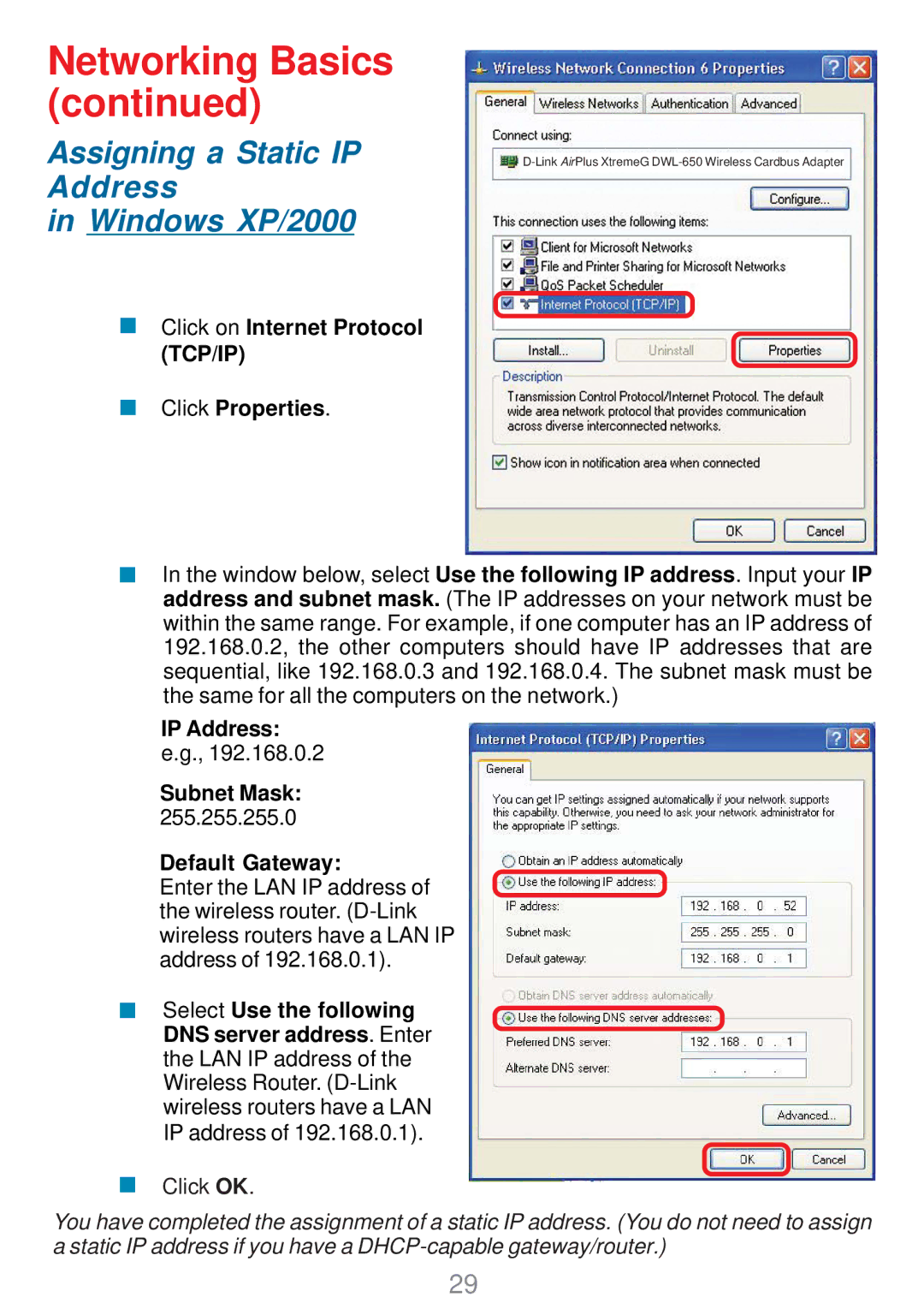 D-Link DWL-G630 manual Assigning a Static IP Address Windows XP/2000, Click on Internet Protocol TCP/IP Click Properties 