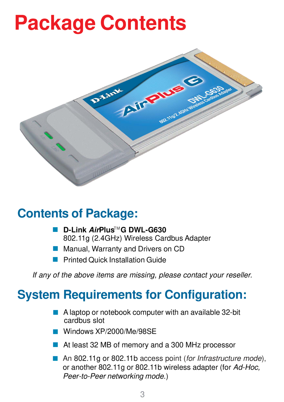 D-Link DWL-G630 manual Package Contents 