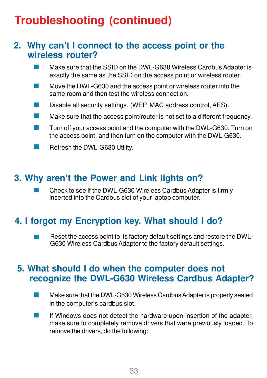 D-Link DWL-G630 manual Why aren’t the Power and Link lights on? 