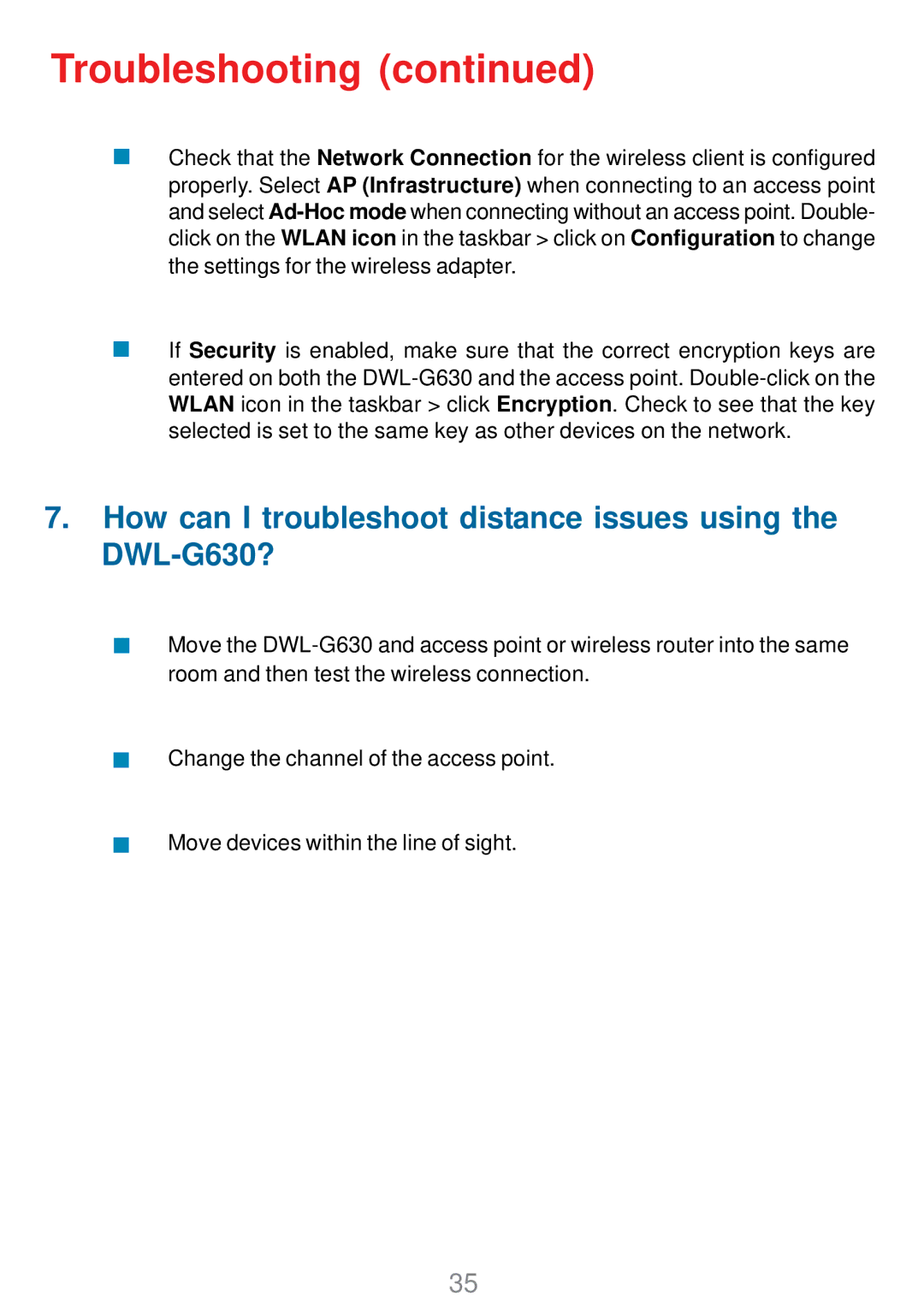 D-Link manual How can I troubleshoot distance issues using the DWL-G630? 