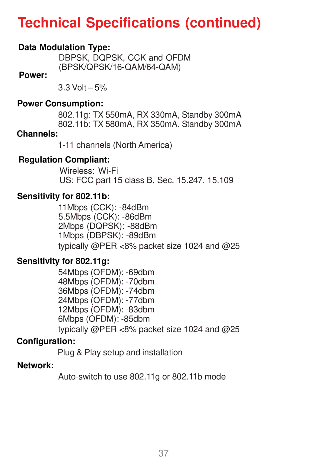 D-Link DWL-G630 manual Technical Specifications, Sensitivity for 802.11b 