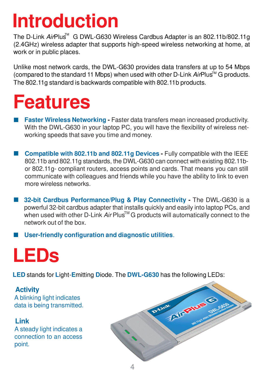 D-Link DWL-G630 manual Introduction, Features, LEDs 