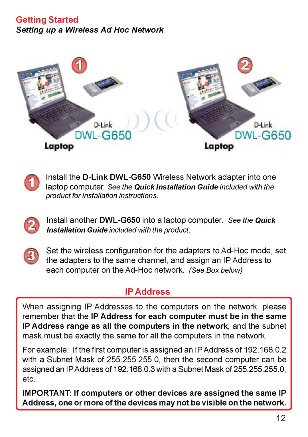 D-Link DWL-G650 manual IP Address, Setting up a Wireless Ad Hoc Network 