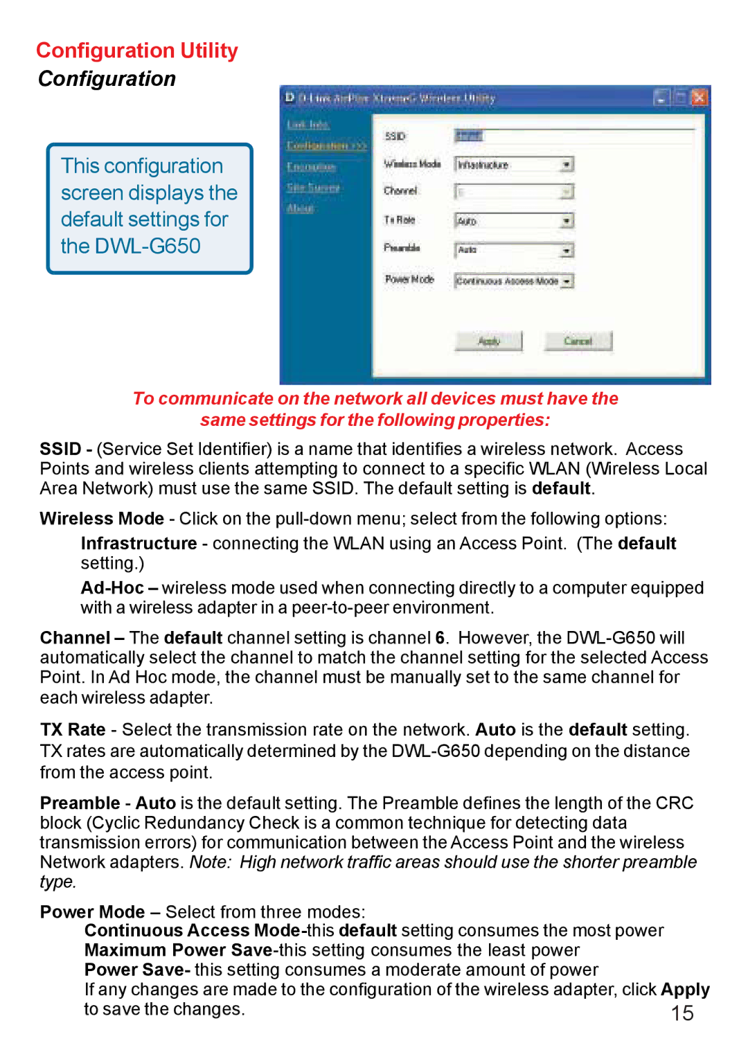 D-Link DWL-G650 manual Configuration 