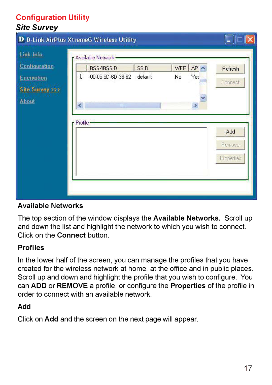 D-Link DWL-G650 manual Site Survey, Available Networks, Profiles, Add 