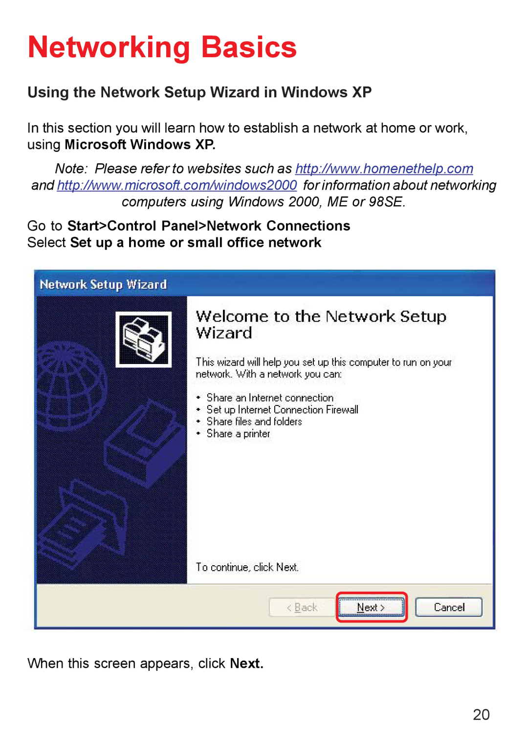 D-Link DWL-G650 manual Networking Basics, Using the Network Setup Wizard in Windows XP 