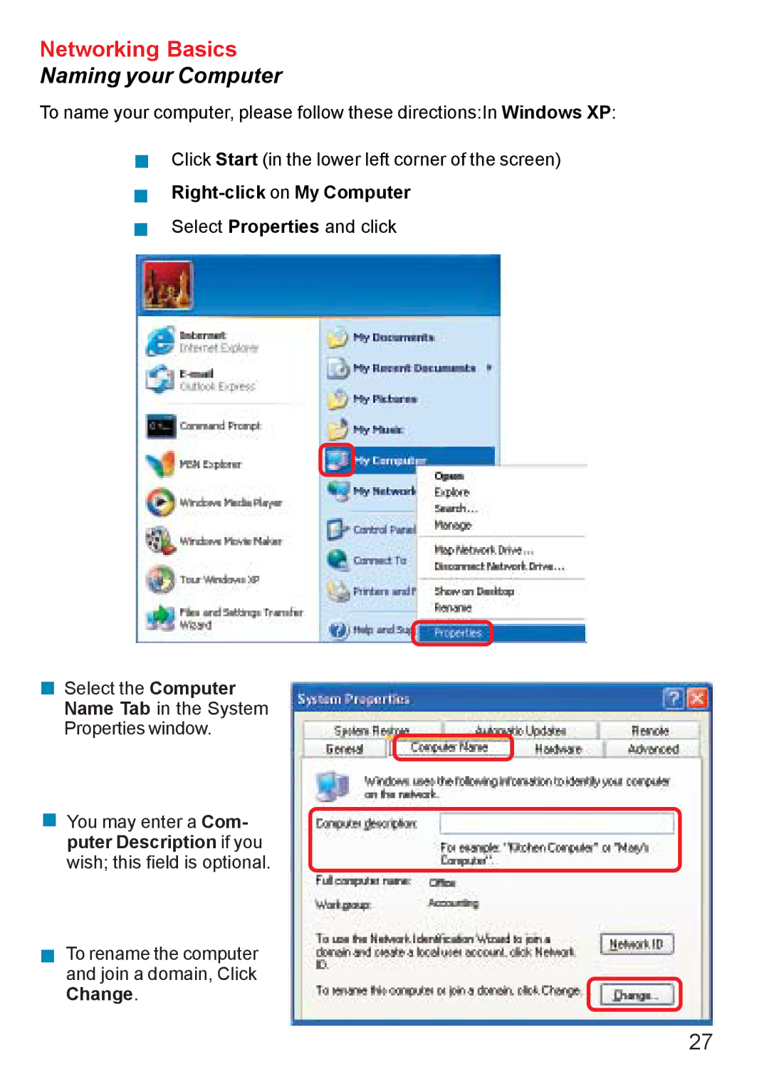 D-Link DWL-G650 manual Naming your Computer, „ Right-click on My Computer 